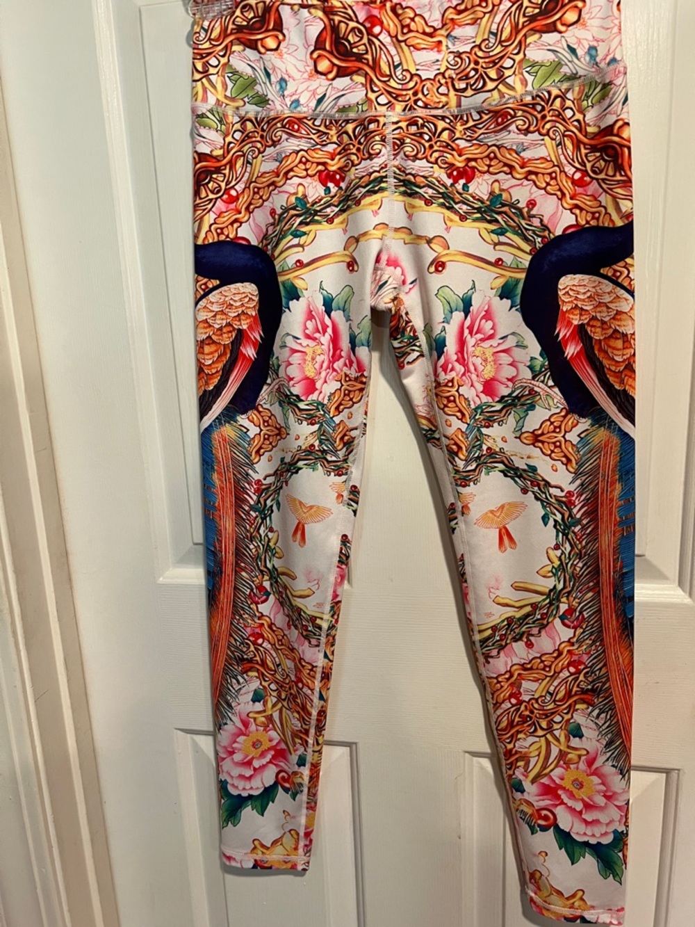 Ornate Tropical Bird Print yoga pants- White Base size L
